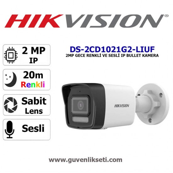 Hikvision DS-2CD1021G2-LIUF 2MP gece renkli sesli dış mekan bullet güvenlik kamerası